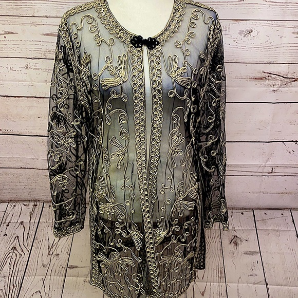 Sophie Chang Kimono Black Embroidered Gold - Picture 1 of 9